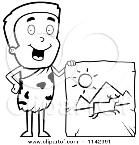 Cartoon Clipart Of A Black And White Caveman Boy Displaying A Drawing On A Tablet - Vector Outlined Coloring Page by Cory Thoman