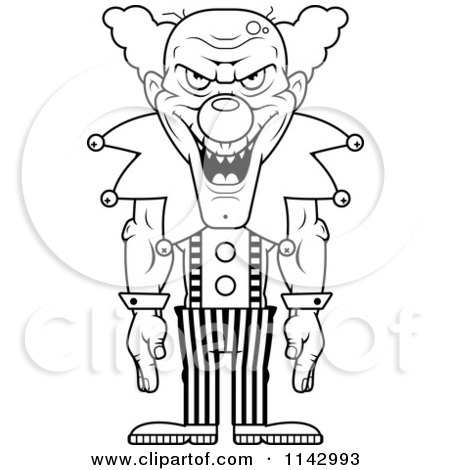 Cartoon Clipart Of A Black And White Demonic Clown Laughing - Vector Outlined Coloring Page by Cory Thoman