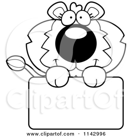Cartoon Clipart Of A Black And White Cute Lion Holding A Sign - Vector Outlined Coloring Page by Cory Thoman