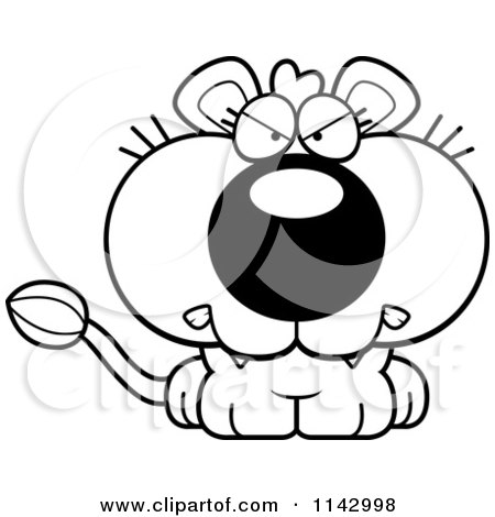 Cartoon Clipart Of A Black And White Cute Mad Lioness - Vector Outlined Coloring Page by Cory Thoman
