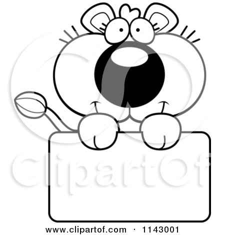 Cartoon Clipart Of A Black And White Cute Lioness Holding A Sign - Vector Outlined Coloring Page by Cory Thoman