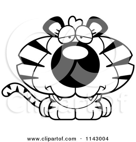 Cartoon Clipart Of A Black And White Cute Depressed Tiger - Vector Outlined Coloring Page by Cory Thoman