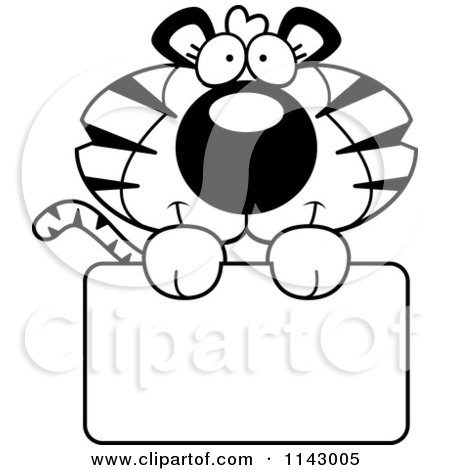 Cartoon Clipart Of A Black And White Cute Tiger Holding A Sign - Vector Outlined Coloring Page by Cory Thoman