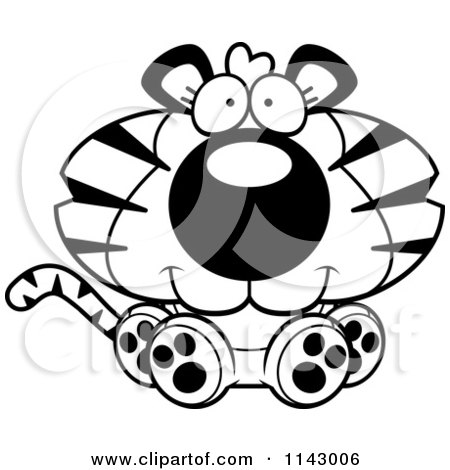 Cartoon Clipart Of A Black And White Cute Sitting Tiger - Vector Outlined Coloring Page by Cory Thoman