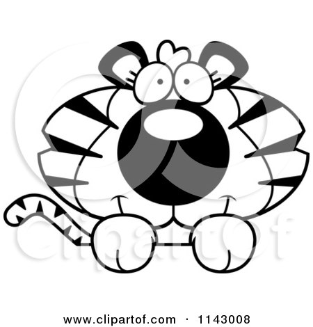 Cartoon Clipart Of A Black And White Cute Tiger Over A Surface - Vector