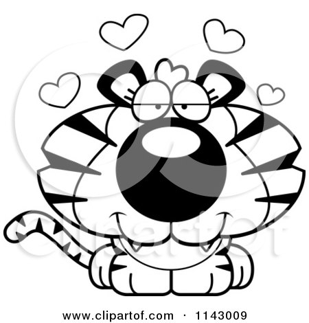 Cartoon Clipart Of A Black And White Cute Loving Tiger - Vector Outlined Coloring Page by Cory Thoman