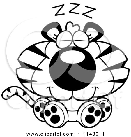 Cartoon Clipart Of A Black And White Cute Sleeping Tiger - Vector Outlined Coloring Page by Cory Thoman