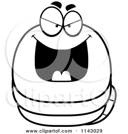 Cartoon Clipart Of A Black And White Chubby Evil Worm - Vector Outlined Coloring Page by Cory Thoman