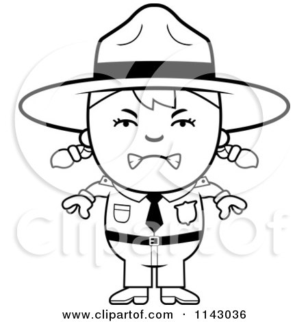 Cartoon Clipart Of A Black And White Mad Forest Ranger Girl - Vector Outlined Coloring Page by Cory Thoman