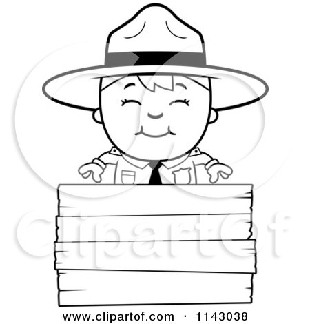 Cartoon Clipart Of A Black And White Happy Forest Ranger Boy Over A Wood Sign - Vector Outlined Coloring Page by Cory Thoman