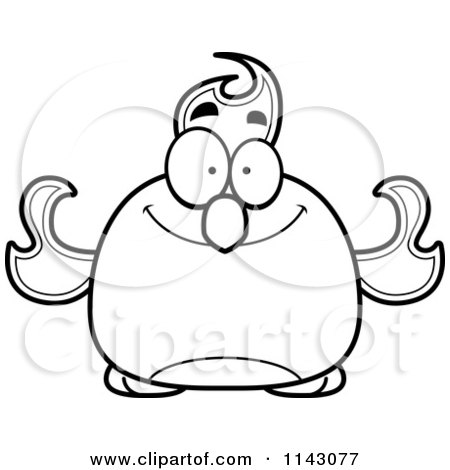 Cartoon Clipart Of A Black And White Chubby Happy Phoenix Fire Bird - Vector Outlined Coloring Page by Cory Thoman