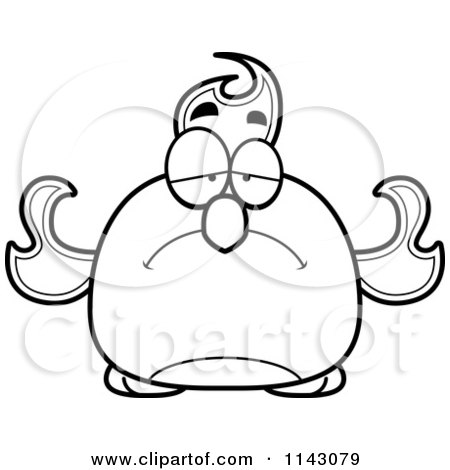 Cartoon Clipart Of A Black And White Chubby Sad Phoenix Fire Bird - Vector Outlined Coloring Page by Cory Thoman