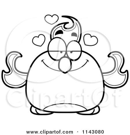 Cartoon Clipart Of A Black And White Chubby Infatuated Phoenix Fire Bird - Vector Outlined Coloring Page by Cory Thoman