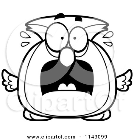 Cartoon Clipart Of A Black And White Chubby Scared Owl - Vector Outlined Coloring Page by Cory Thoman