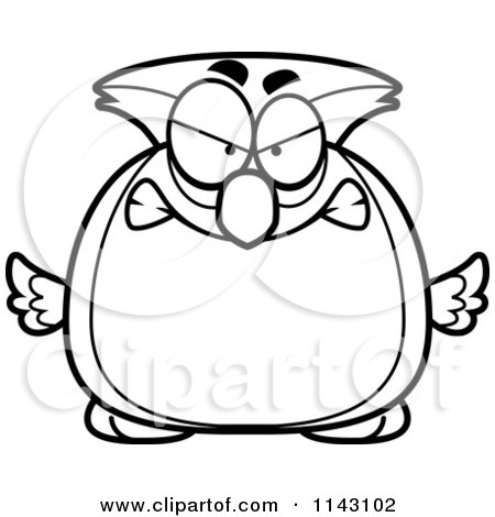 Cartoon Clipart Of A Black And White Chubby Mad Owl - Vector Outlined Coloring Page by Cory Thoman