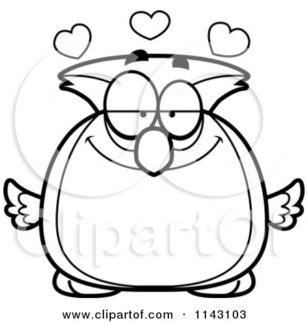 Cartoon Clipart Of A Black And White Chubby Infatuated Owl - Vector Outlined Coloring Page by Cory Thoman