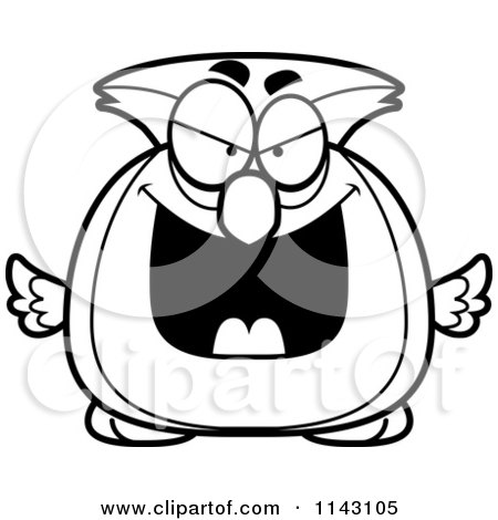 Cartoon Clipart Of A Black And White Chubby Evil Owl - Vector Outlined Coloring Page by Cory Thoman