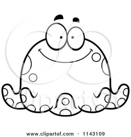 Cartoon Clipart Of A Black And White Chubby Smiling Octopus - Vector Outlined Coloring Page by Cory Thoman