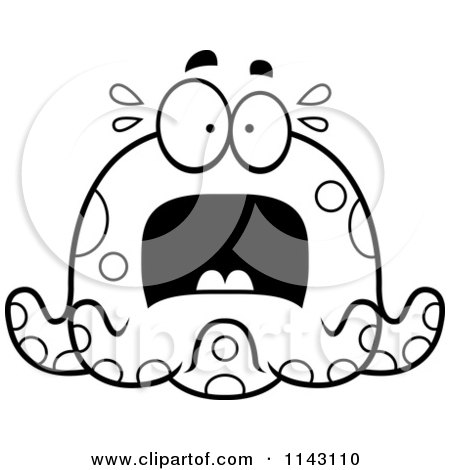 Cartoon Clipart Of A Black And White Chubby Scared Octopus - Vector Outlined Coloring Page by Cory Thoman