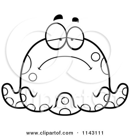 Cartoon Clipart Of A Black And White Chubby Sad Octopus - Vector Outlined Coloring Page by Cory Thoman