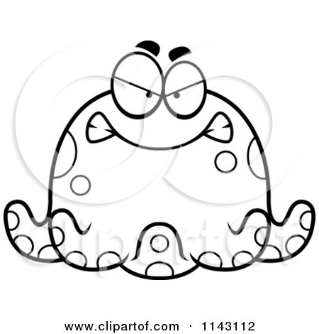 Cartoon Clipart Of A Black And White Chubby Mad Octopus - Vector Outlined Coloring Page by Cory Thoman