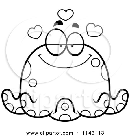 Cartoon Clipart Of A Black And White Chubby Infatuated Octopus - Vector Outlined Coloring Page by Cory Thoman