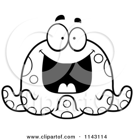 Cartoon Clipart Of A Black And White Chubby Grinning Octopus - Vector Outlined Coloring Page by Cory Thoman