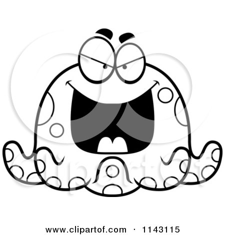 Cartoon Clipart Of A Black And White Chubby Evil Octopus - Vector Outlined Coloring Page by Cory Thoman