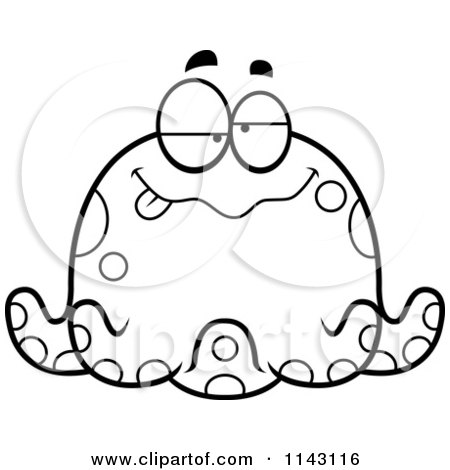 Cartoon Clipart Of A Black And White Chubby Drunk Octopus - Vector Outlined Coloring Page by Cory Thoman