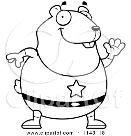 Cartoon Clipart Of A Black And White Chubby Super Hamster Waving - Vector Outlined Coloring Page by Cory Thoman