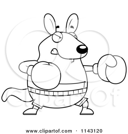 Cartoon Clipart Of A Black And White Chubby Kangaroo Boxing - Vector Outlined Coloring Page by Cory Thoman