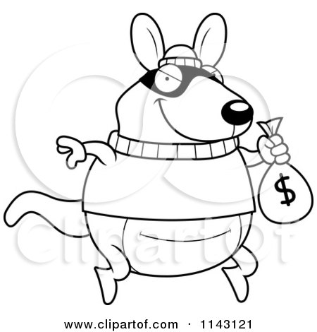 Cartoon Clipart Of A Black And White Kangaroo Robbing A Bank - Vector Outlined Coloring Page by Cory Thoman