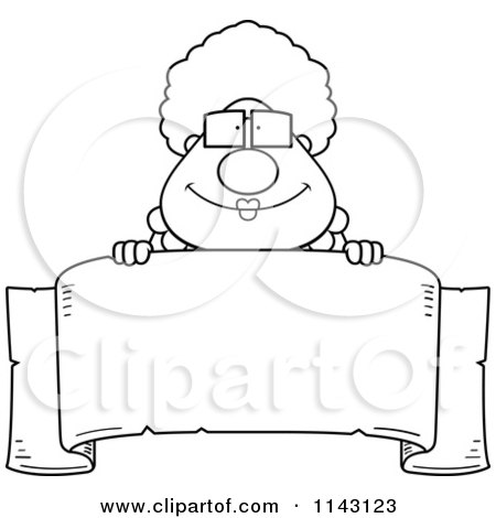 Cartoon Clipart Of A Black And White Chubby Granny Over A Banner - Vector Outlined Coloring Page by Cory Thoman