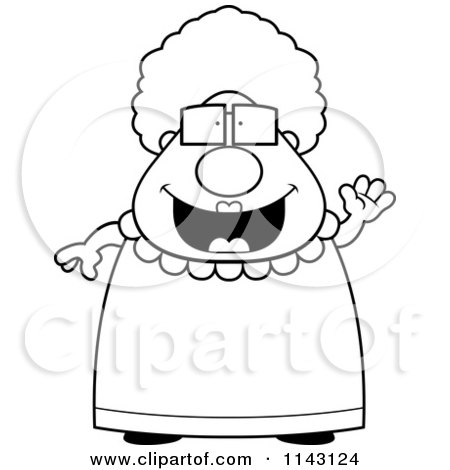 Cartoon Clipart Of A Black And White Chubby Granny Waving - Vector Outlined Coloring Page by Cory Thoman
