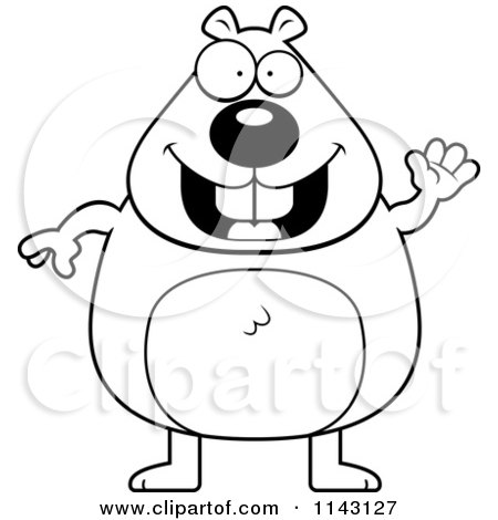 Cartoon Clipart Of A Black And White Waving Beaver - Vector Outlined Coloring Page by Cory Thoman