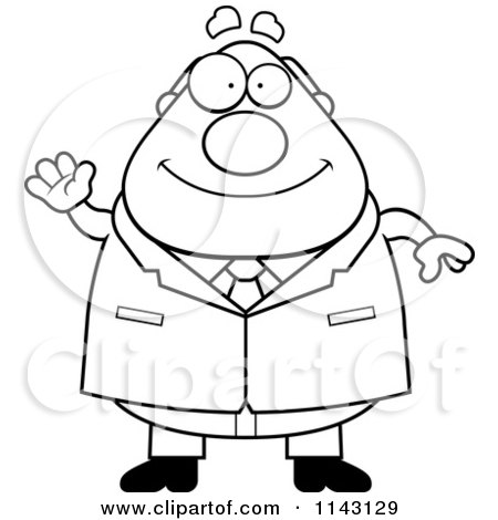 Cartoon Clipart Of A Black And White Chubby Businessman Boss Waving - Vector Outlined Coloring Page by Cory Thoman