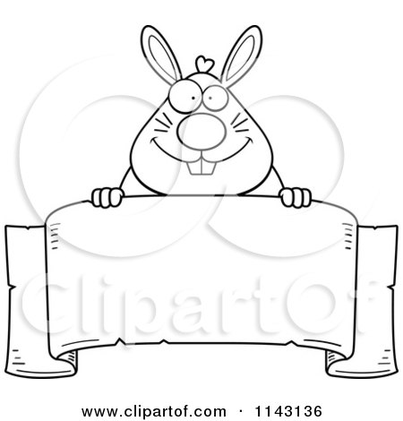 Cartoon Clipart Of A Black And White Rabbit Over A Banner - Vector Outlined Coloring Page by Cory Thoman