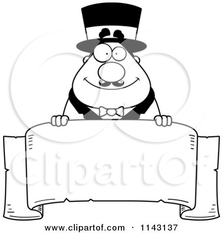 Cartoon Clipart Of A Black And White Chubby Circus Ring Master Holding A Banner - Vector Outlined Coloring Page by Cory Thoman