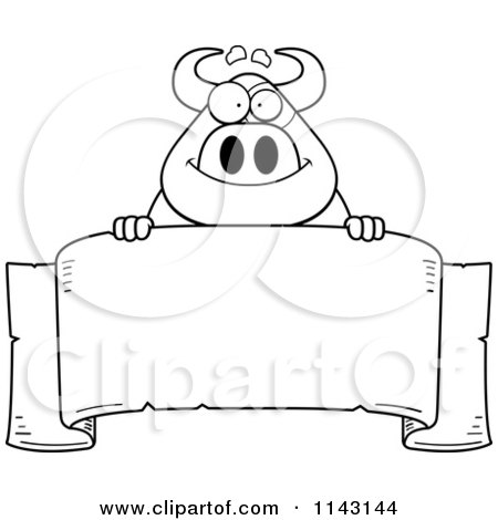 Cartoon Clipart Of A Black And White Bull Over A Banner - Vector Outlined Coloring Page by Cory Thoman