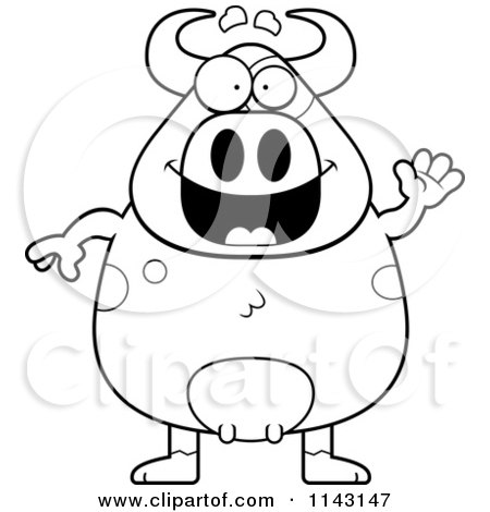 Cartoon Clipart Of A Black And White Waving Cow - Vector Outlined Coloring Page by Cory Thoman