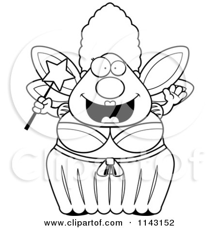 Cartoon Clipart Of A Black And White Chubby Fairy Godmother Holding A Wand - Vector Outlined Coloring Page by Cory Thoman