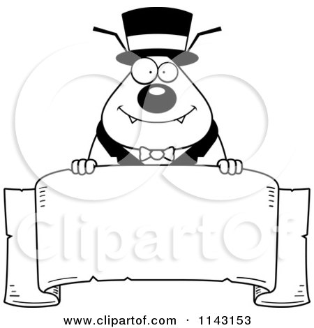 Cartoon Clipart Of A Black And White Circus Ring Master Flea Holding A Banner - Vector Outlined Coloring Page by Cory Thoman