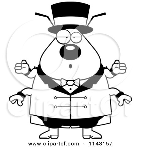 Cartoon Clipart Of A Black And White Shrugging Chubby Flea Circus Master - Vector Outlined Coloring Page by Cory Thoman