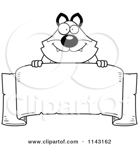 Cartoon Clipart Of A Black And White Chubby Fox Over A Banner - Vector Outlined Coloring Page by Cory Thoman