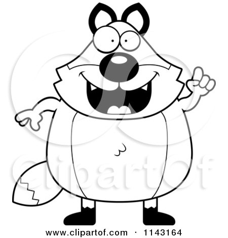 Cartoon Clipart Of A Black And White Chubby Fox With An Idea - Vector Outlined Coloring Page by Cory Thoman