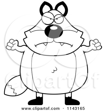 Cartoon Clipart Of A Black And White Mad Chubby Fox - Vector Outlined Coloring Page by Cory Thoman