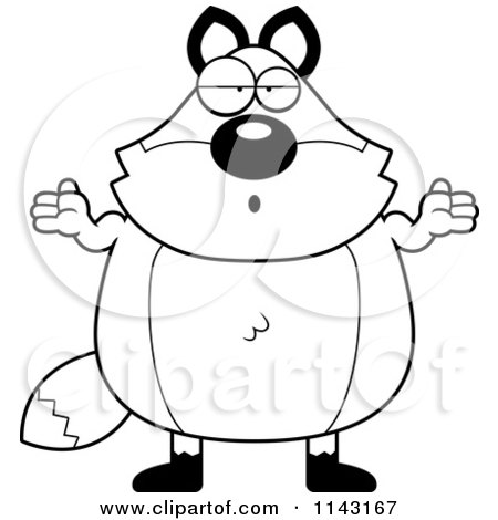 Cartoon Clipart Of A Black And White Chubby Fox Shrugging - Vector Outlined Coloring Page by Cory Thoman