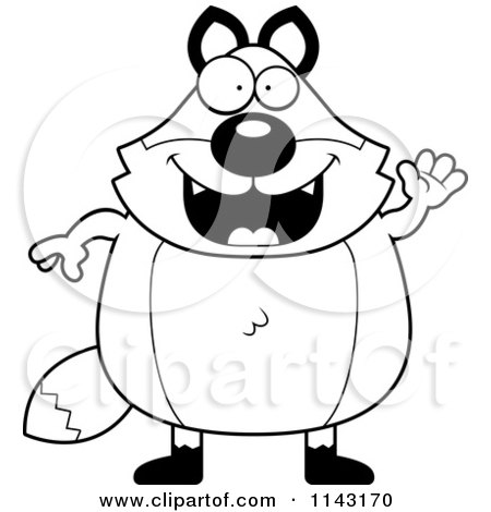 Cartoon Clipart Of A Black And White Chubby Fox Waving - Vector Outlined Coloring Page by Cory Thoman