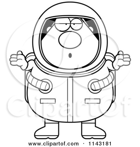 Cartoon Clipart Of A Black And White Shrugging Astronaute - Vector Outlined Coloring Page by Cory Thoman