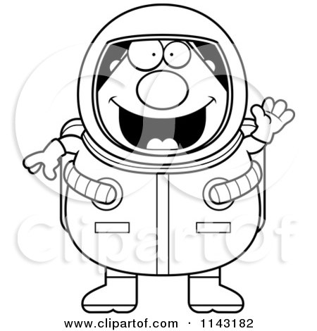 Cartoon Clipart Of A Black And White Chubby Astronaut Waving - Vector Outlined Coloring Page by Cory Thoman